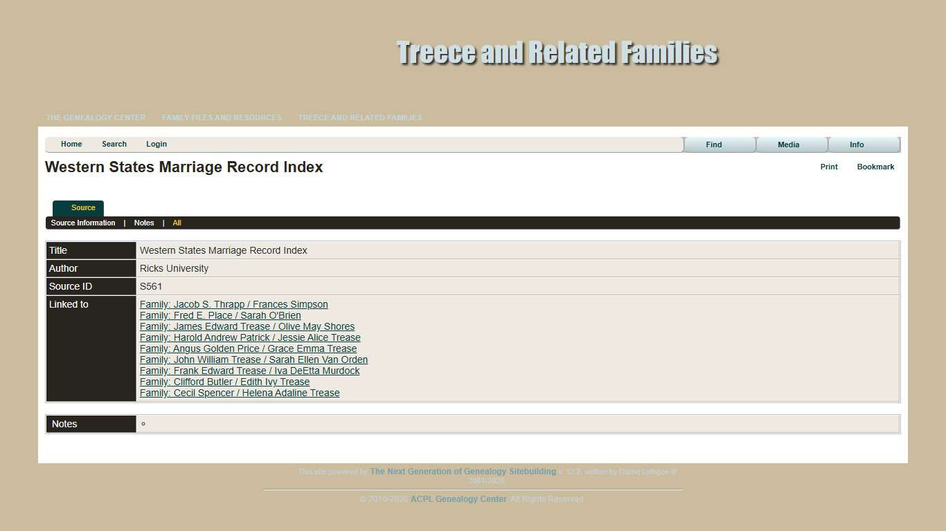 Western States Marriage Record Index: Treece and Related Families
